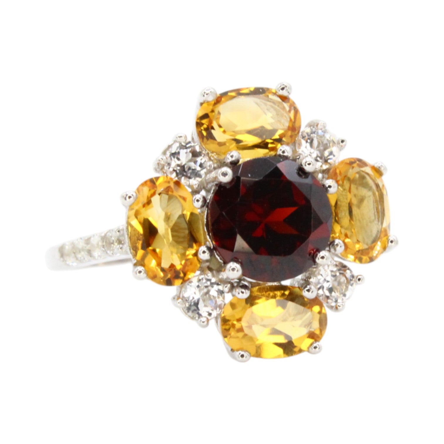 Genuine Garnet, White Topaz & Citrine Flower Ring