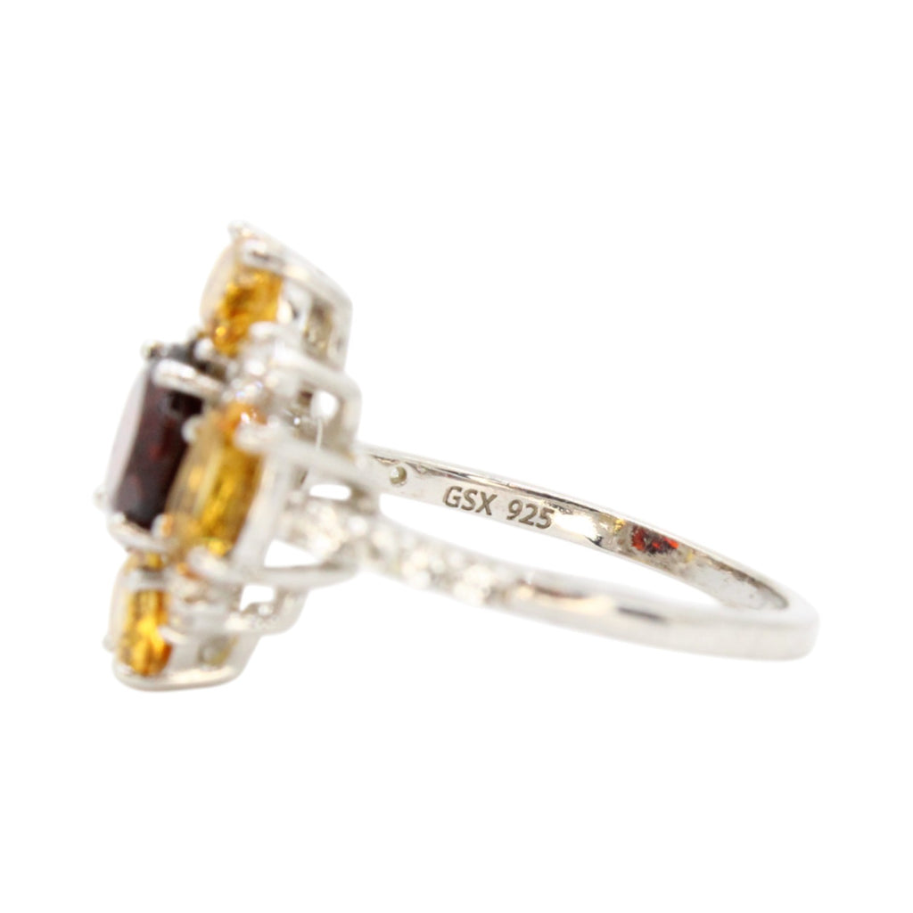 Genuine Garnet, White Topaz & Citrine Flower Ring