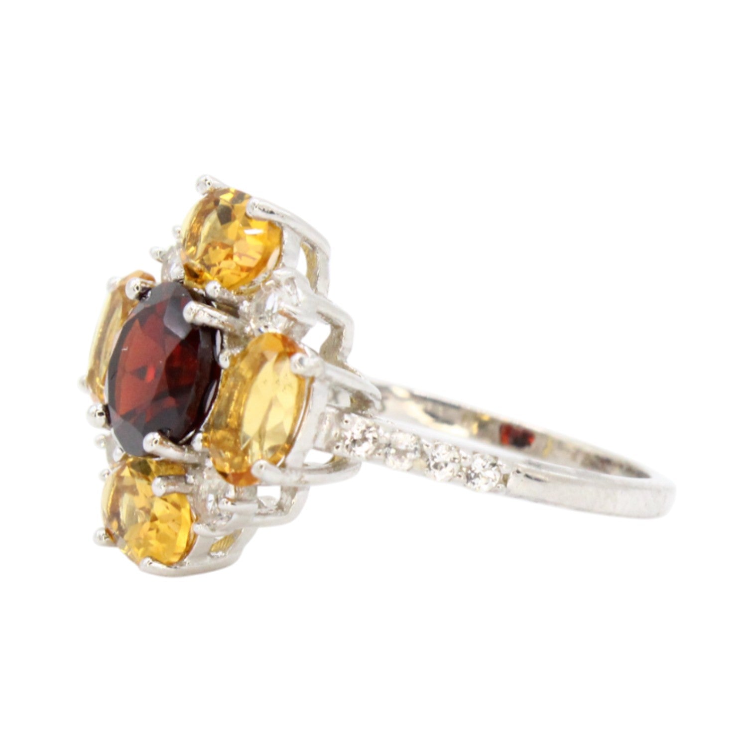 Genuine Garnet, White Topaz & Citrine Flower Ring