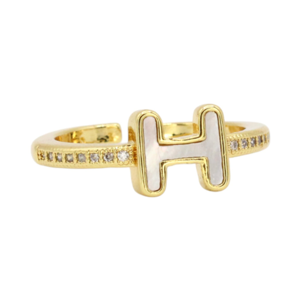 "H" Mother of Pearl & CZ Adjustable Ring
