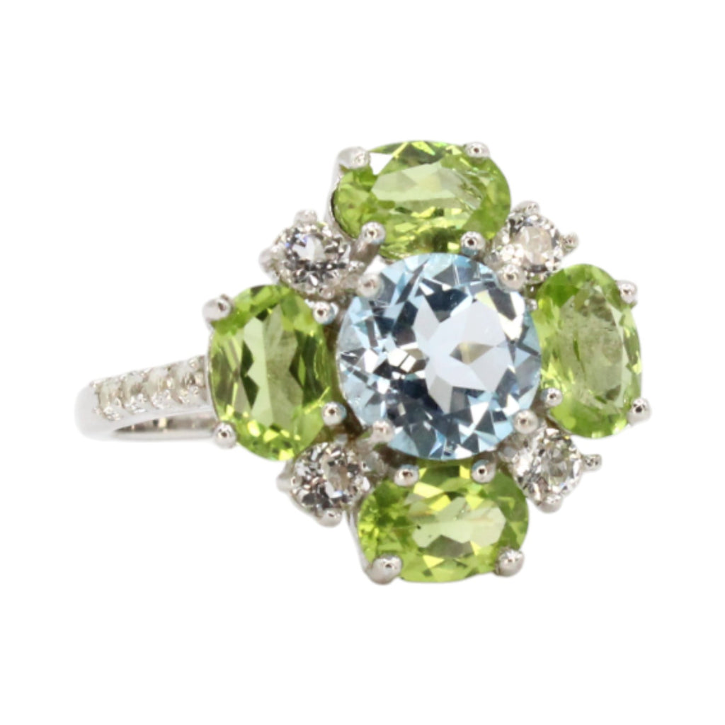 Genuine Sky Blue, White Topaz & Peridot Flower Ring