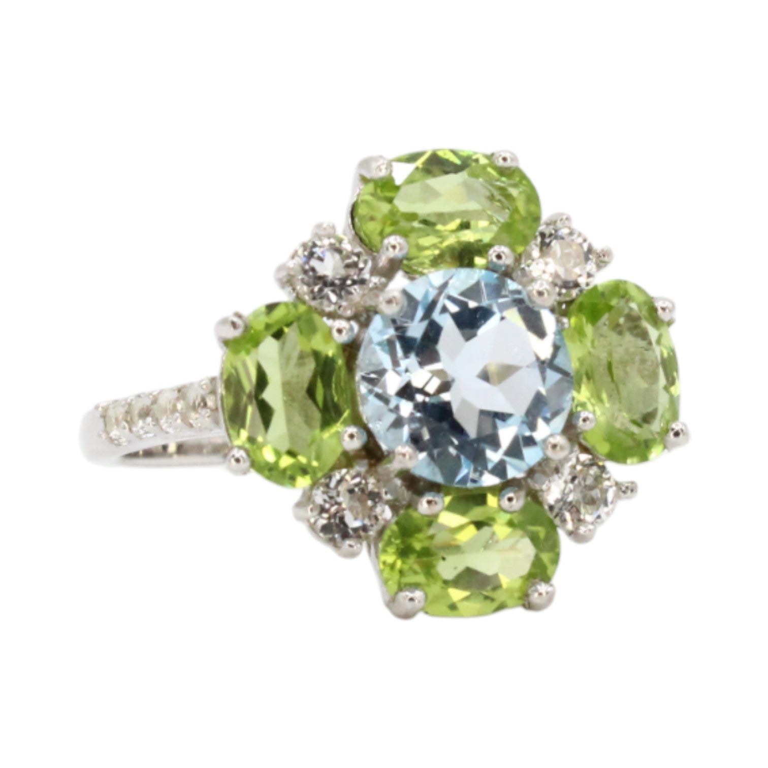 Genuine Sky Blue, White Topaz & Peridot Flower Ring