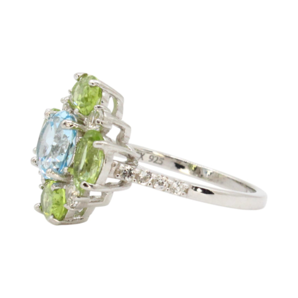 Genuine Sky Blue, White Topaz & Peridot Flower Ring