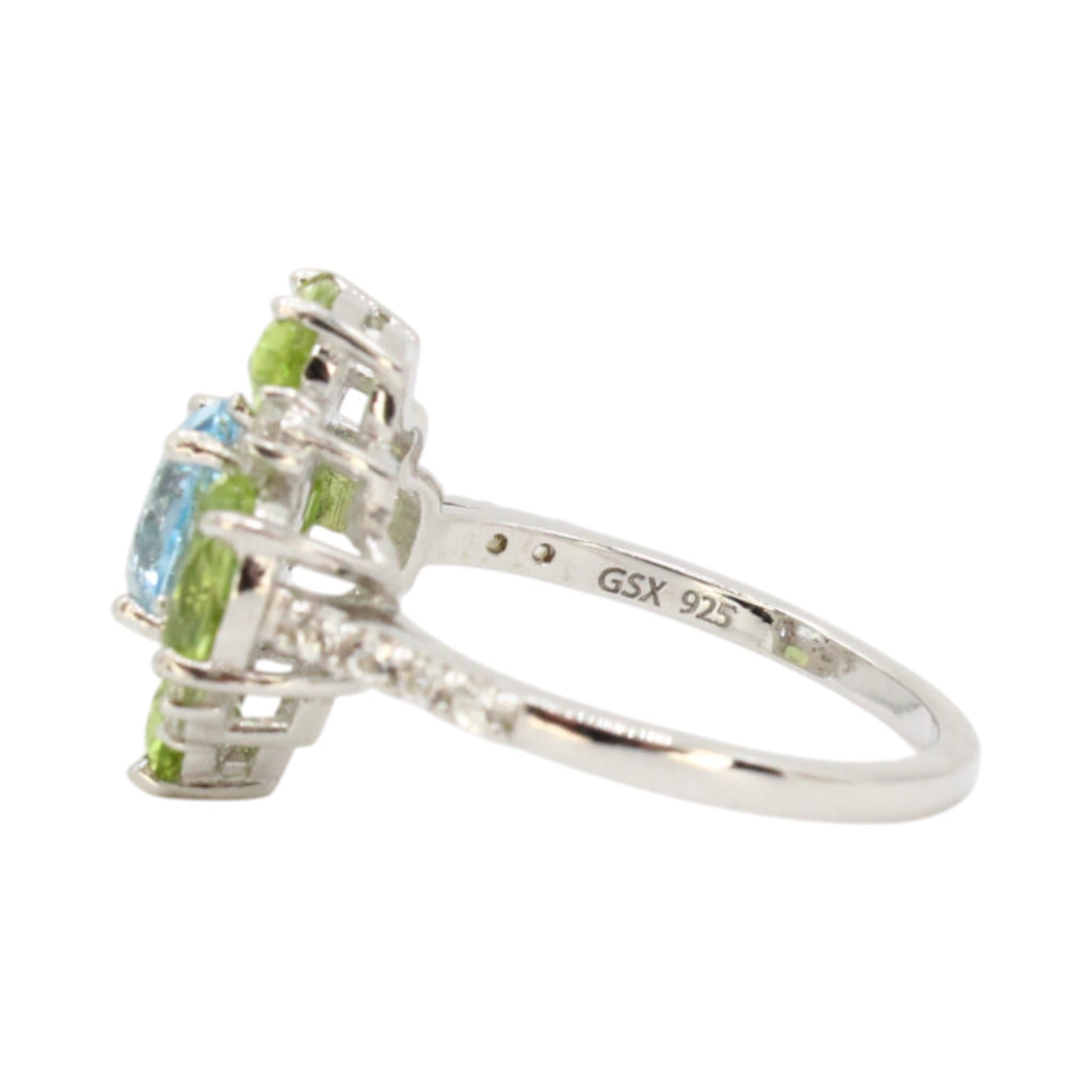 Genuine Sky Blue, White Topaz & Peridot Flower Ring