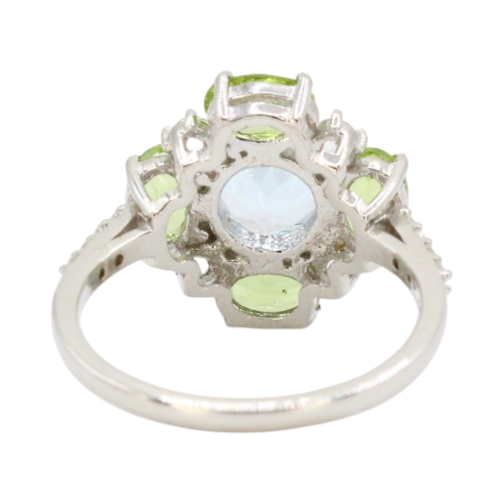 Genuine Sky Blue, White Topaz & Peridot Flower Ring