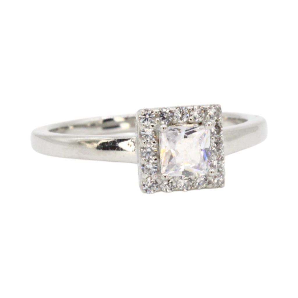 CZ Princess Cut Solitaire With Halo Ring