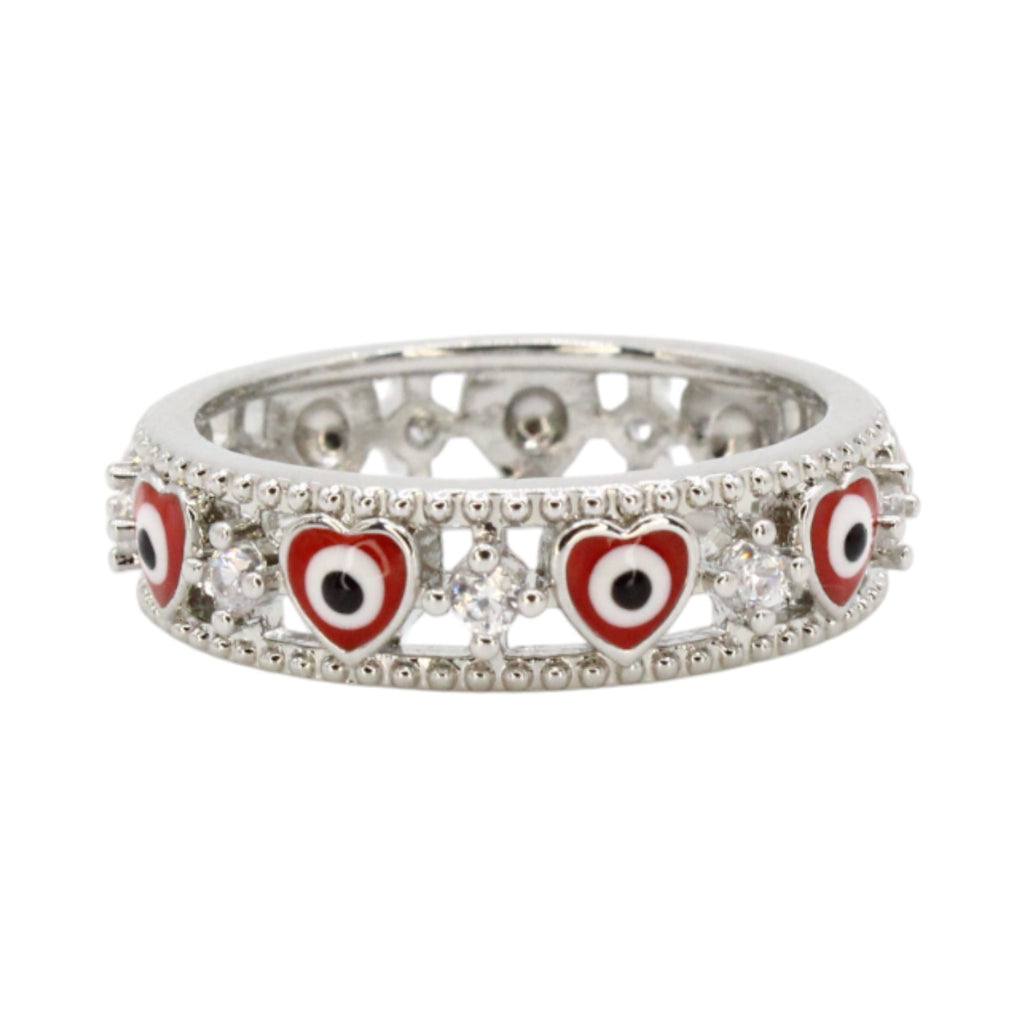 Red Heart Evil Eye & CZ Filigree Band Ring