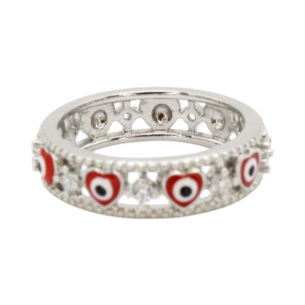 Red Heart Evil Eye & CZ Filigree Band Ring