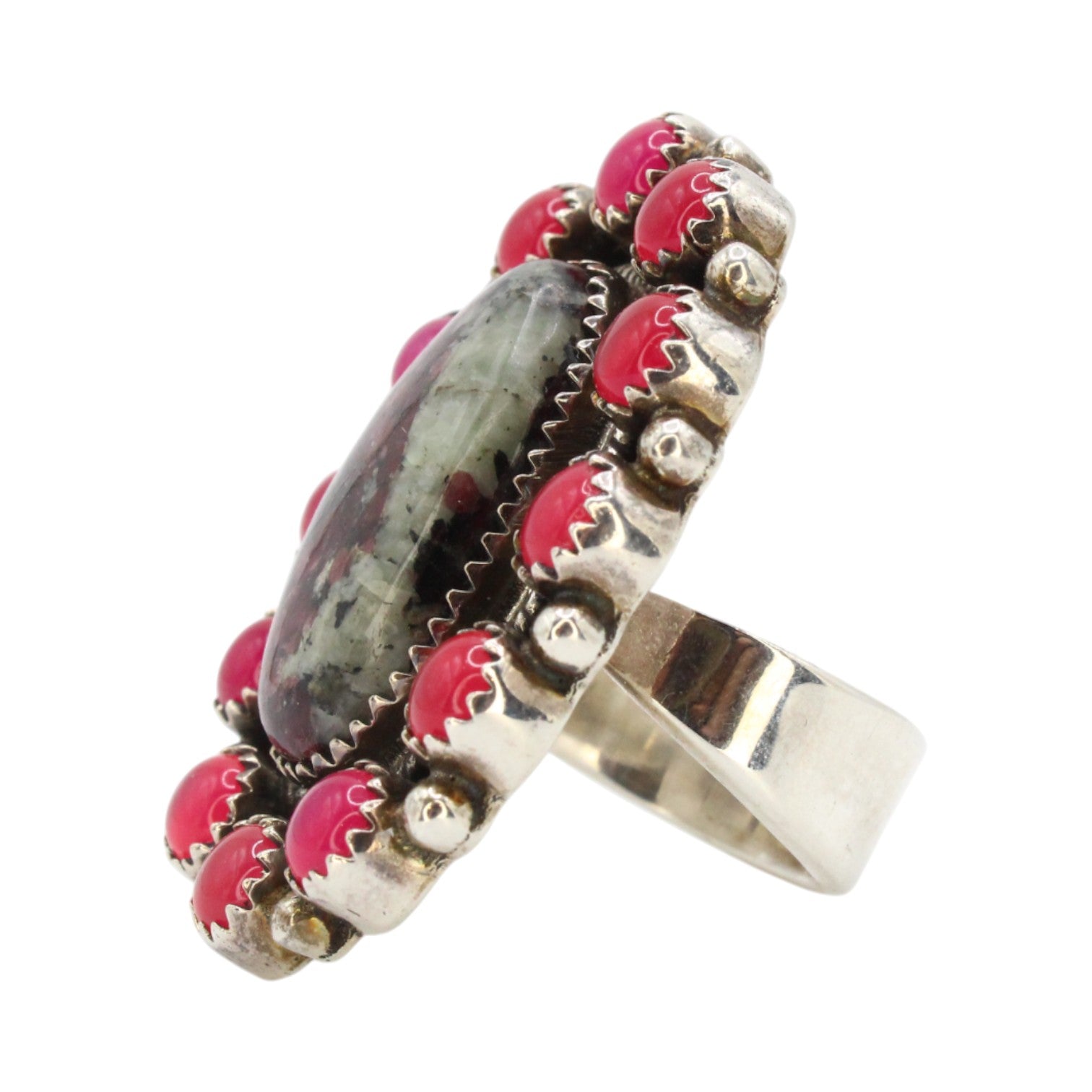 Genuine Eudialyte Cabochon Ruby Halo Ring