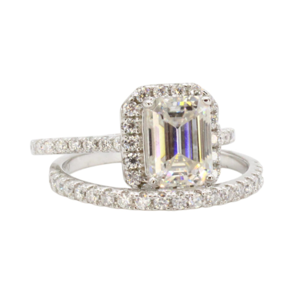Moissanite 3ct Emerald Cut Halo Wedding Set