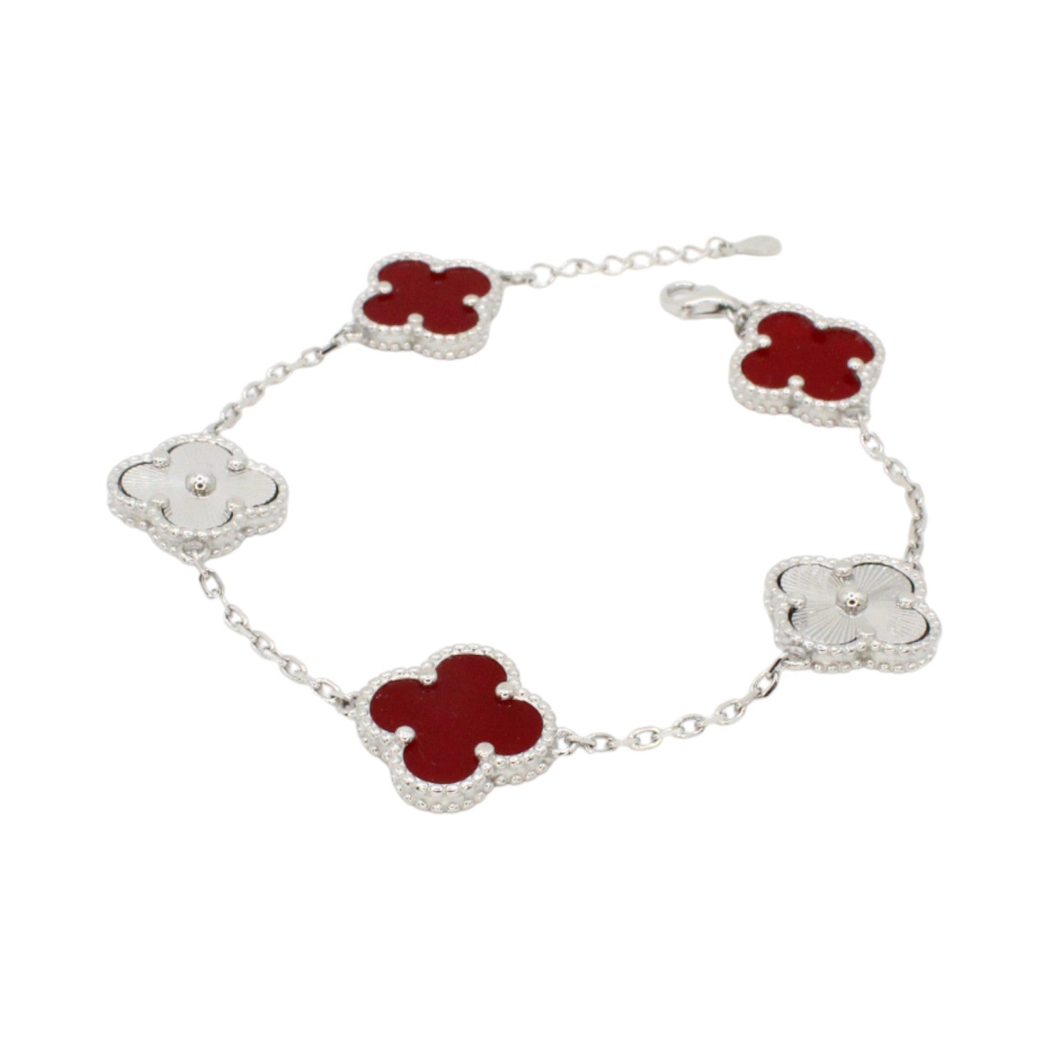 Red Agate & Royal Silver Medium Clover Tennis Bracelet
