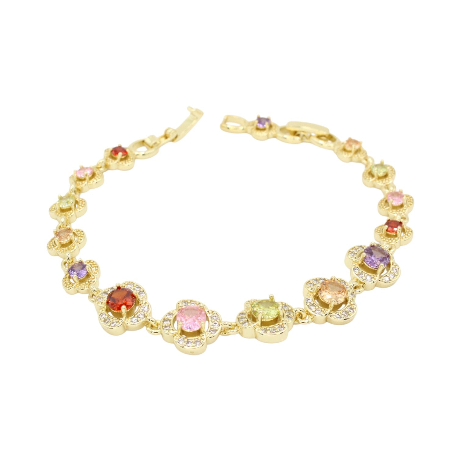 Pastel Multi Color Round Gemstones With CZ Clover Halos