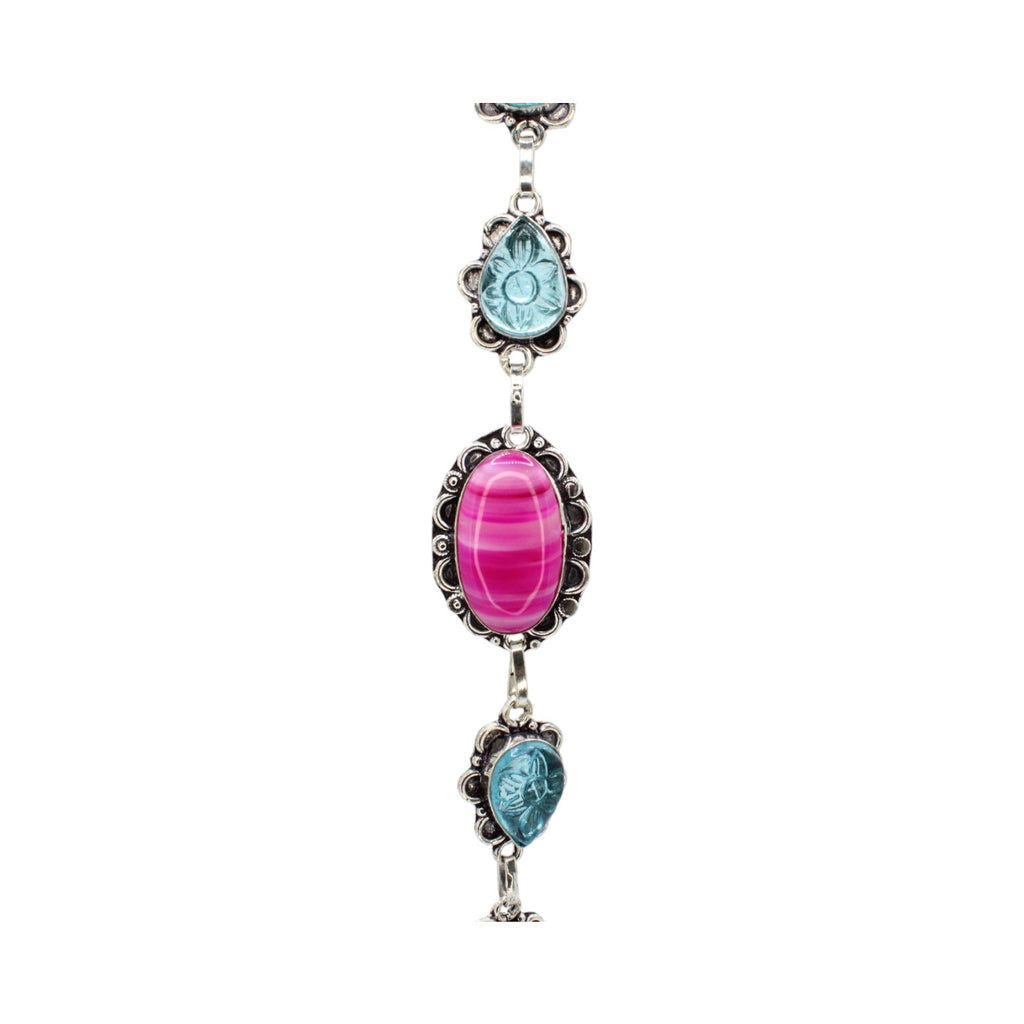 Genuine Pink Agate Oval & Blue Teardrop Side Stones Bracelet