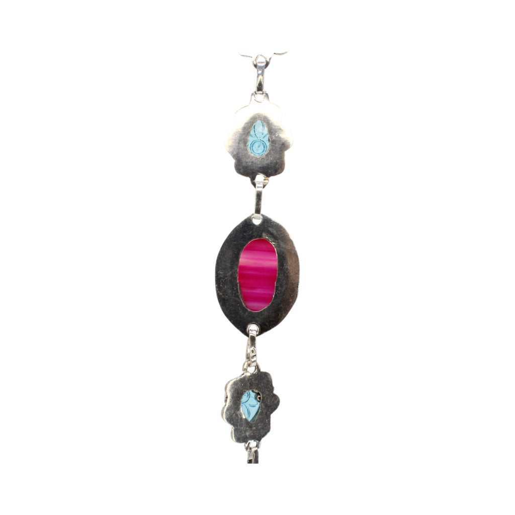 Genuine Pink Agate Oval & Blue Teardrop Side Stones Bracelet