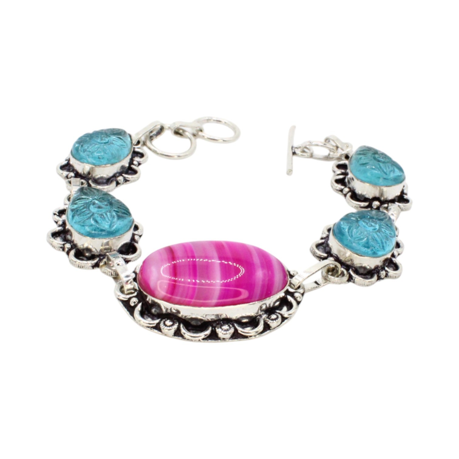 Genuine Pink Agate Oval & Blue Teardrop Side Stones Bracelet