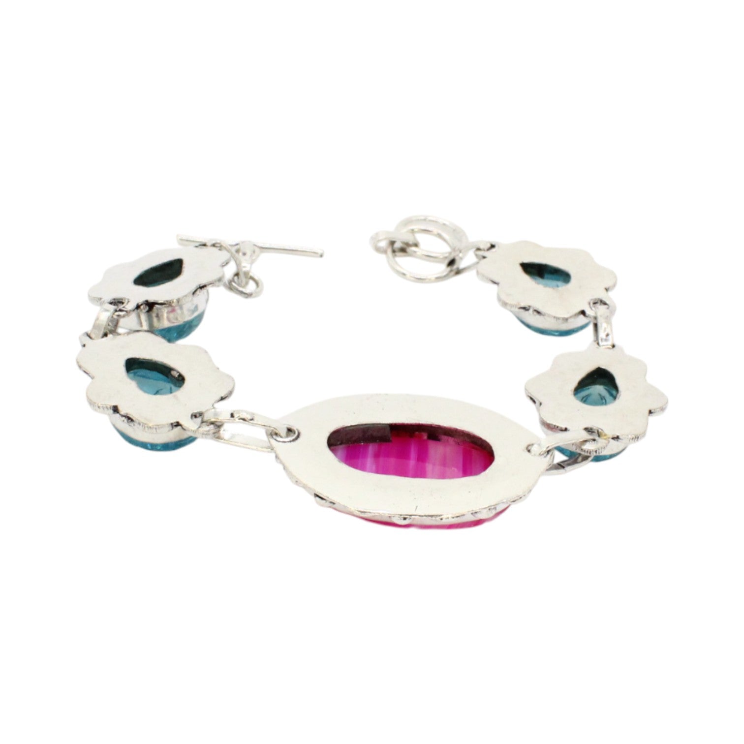 Genuine Pink Agate Oval & Blue Teardrop Side Stones Bracelet