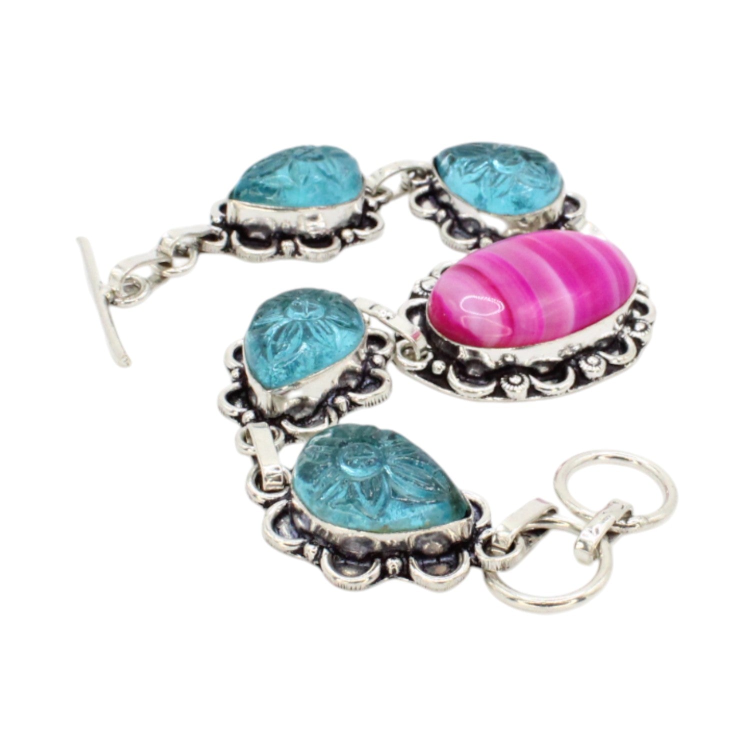 Genuine Pink Agate Oval & Blue Teardrop Side Stones Bracelet
