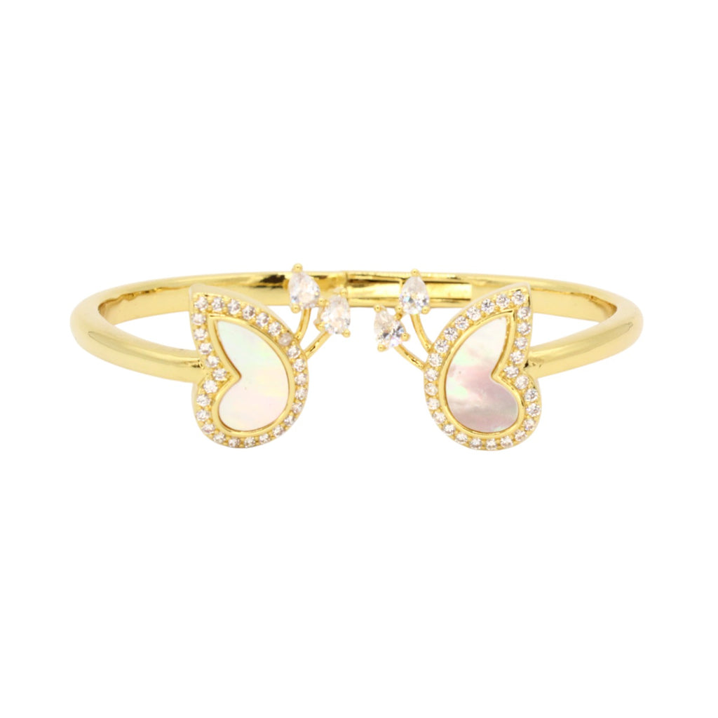 White Mother of Pearl & CZ Butterfly Hinge Bangle Bracelet