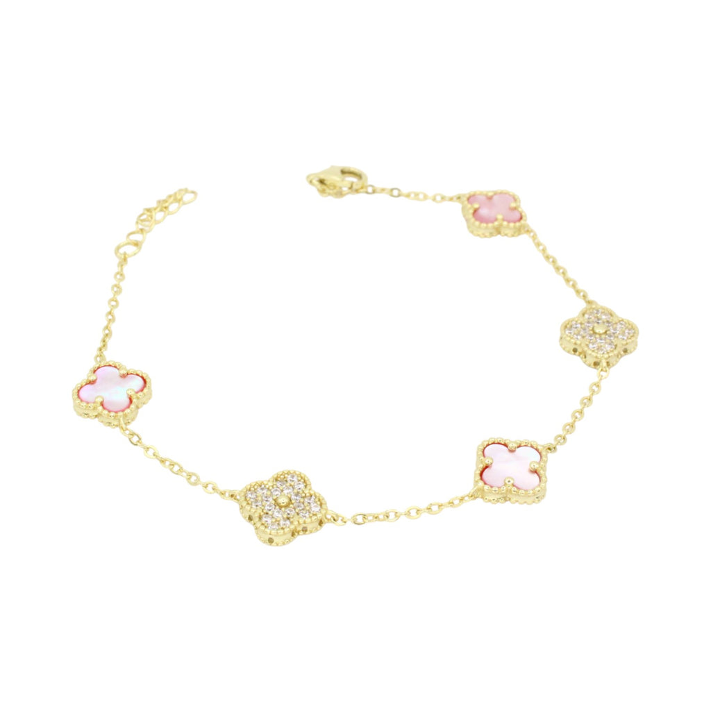 Moissanite & Genuine Pink Mother of Pearl Mini Clover Tennis Bracelet