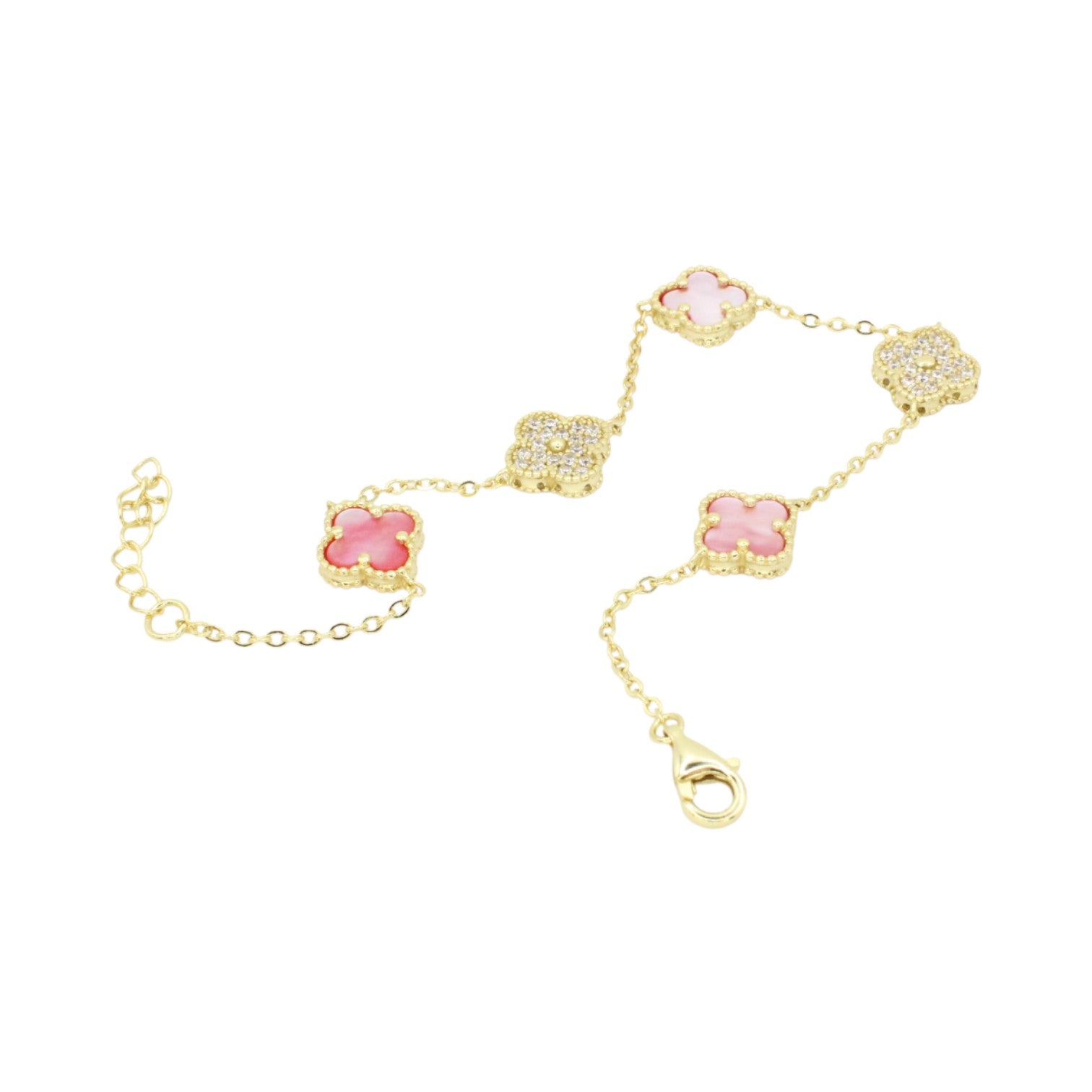 Moissanite & Genuine Pink Mother of Pearl Mini Clover Tennis Bracelet