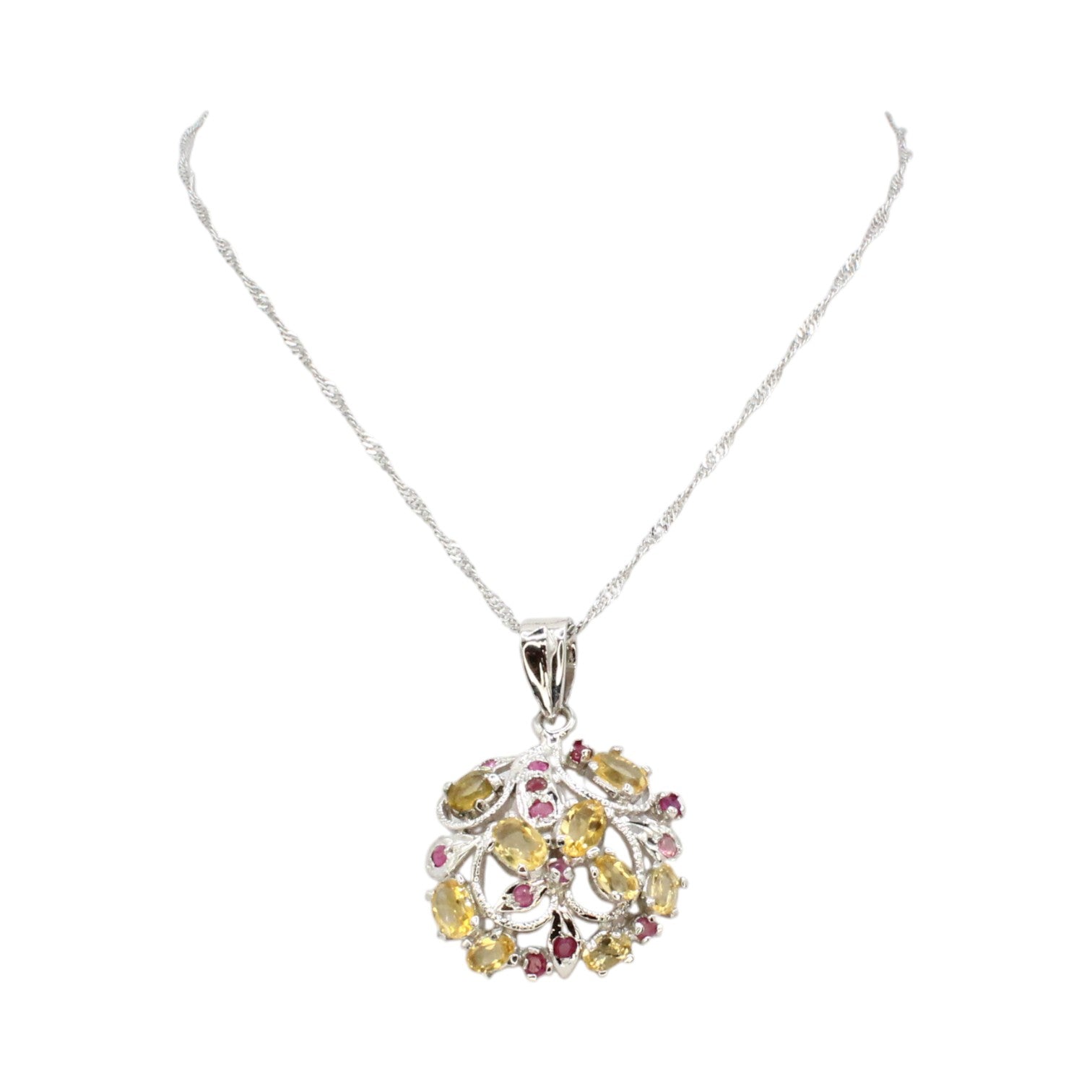 Genuine Citrine, Pink Topaz & Ruby Necklace