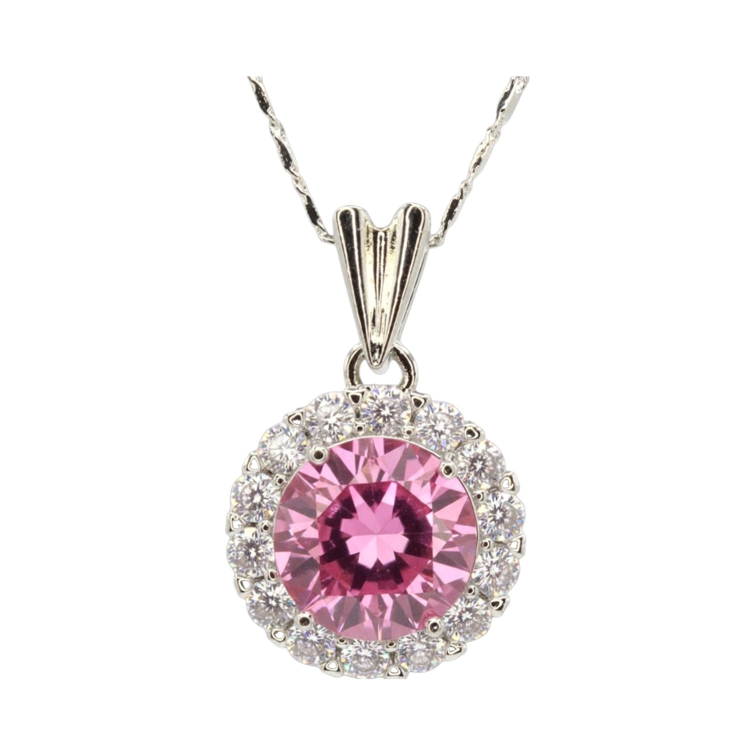 Large 15mm Pink CZ Solitaire w/Halo Necklace