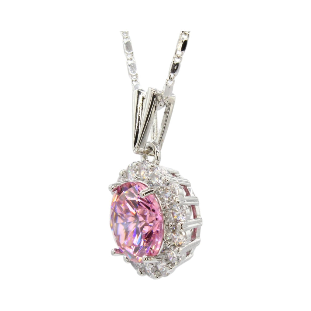 Large 15mm Pink CZ Solitaire w/Halo Necklace