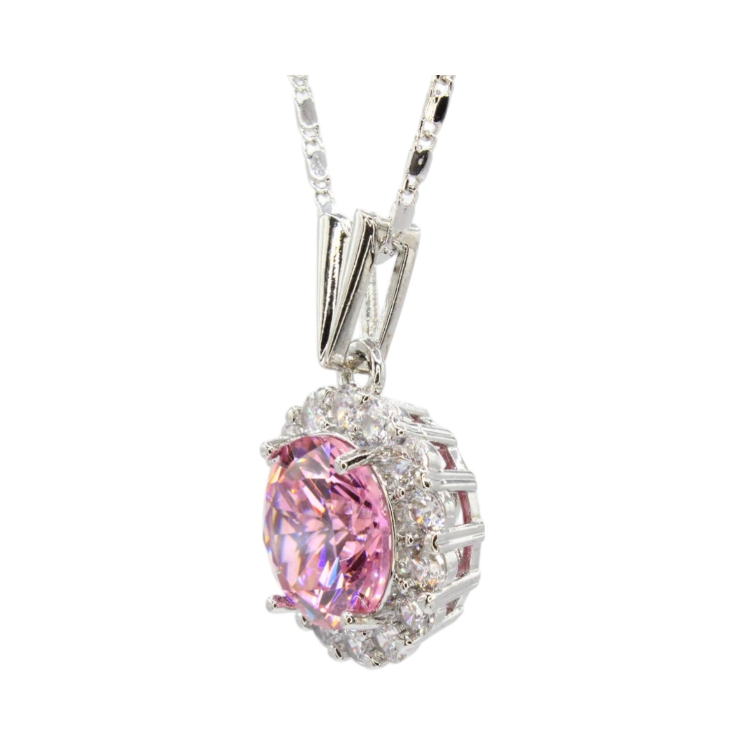 Large 15mm Pink CZ Solitaire w/Halo Necklace