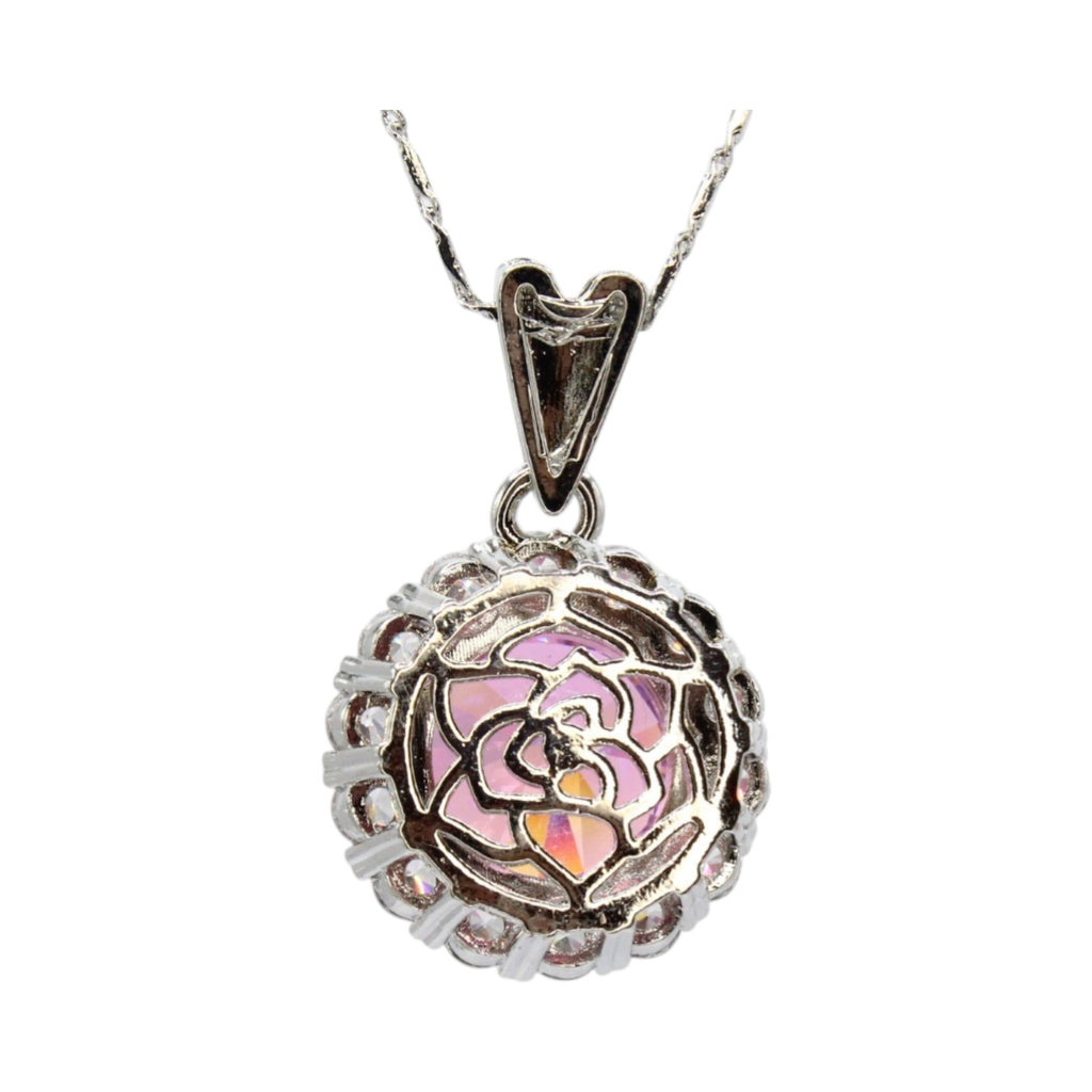 Large 15mm Pink CZ Solitaire w/Halo Necklace