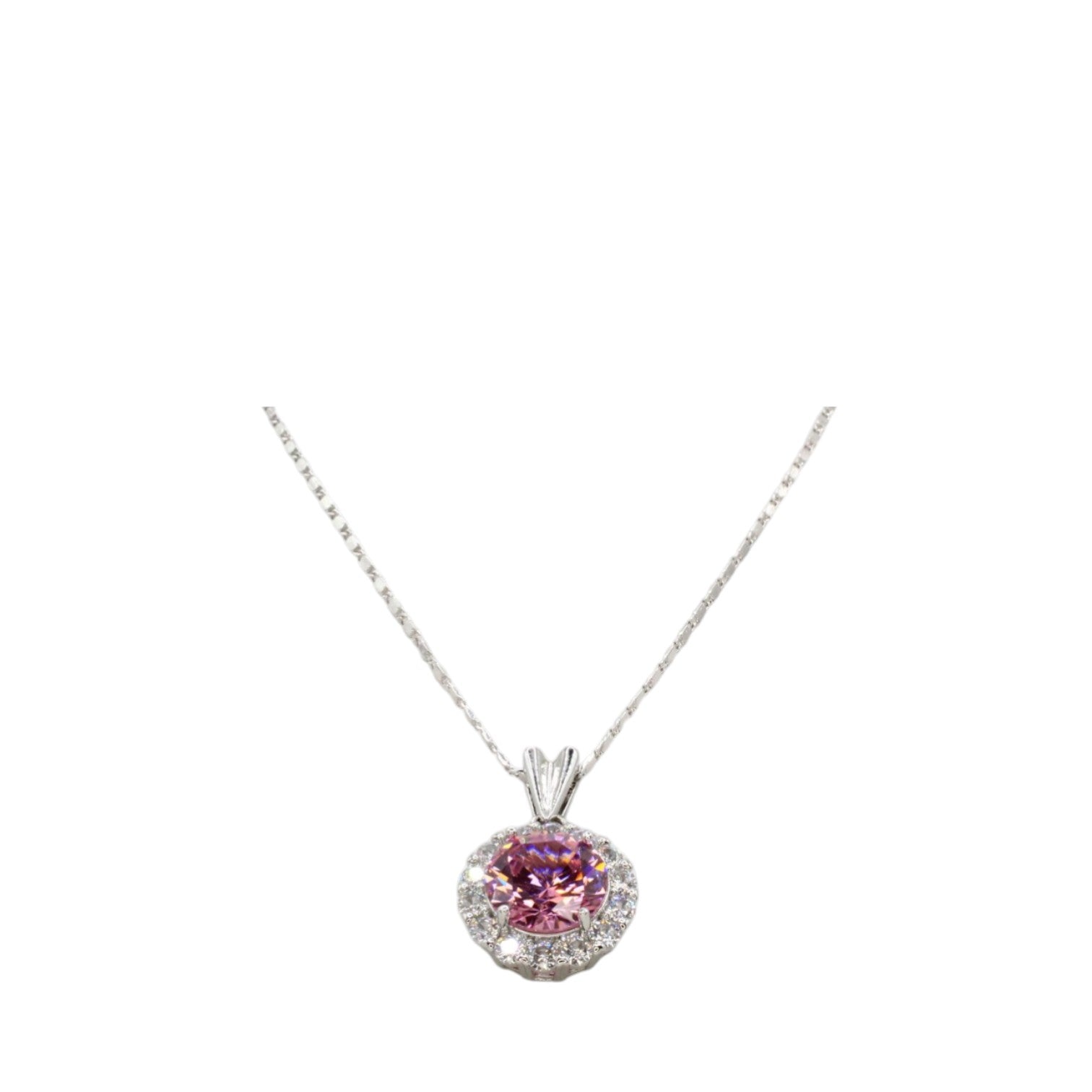 Large 15mm Pink CZ Solitaire w/Halo Necklace