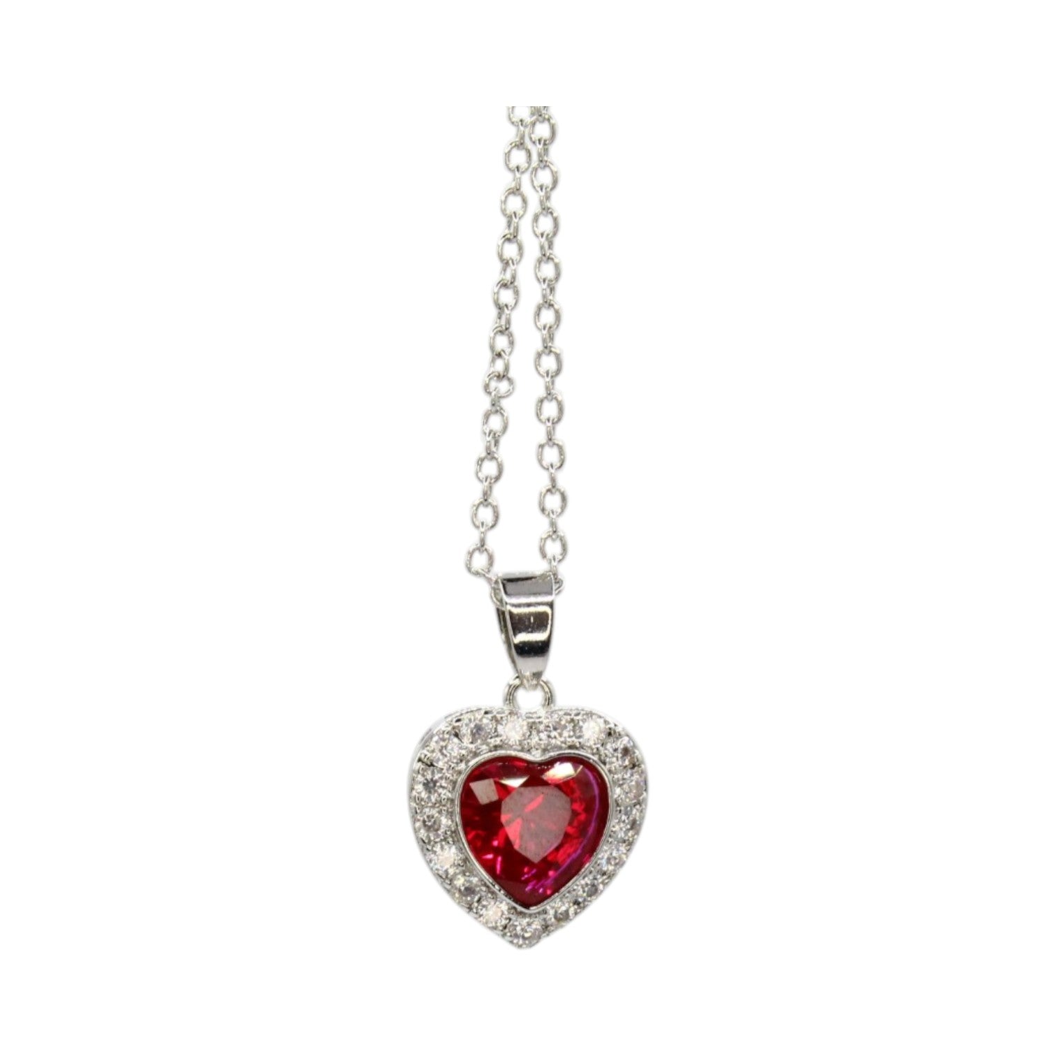 Ruby Red CZ Heart & Halo Necklace