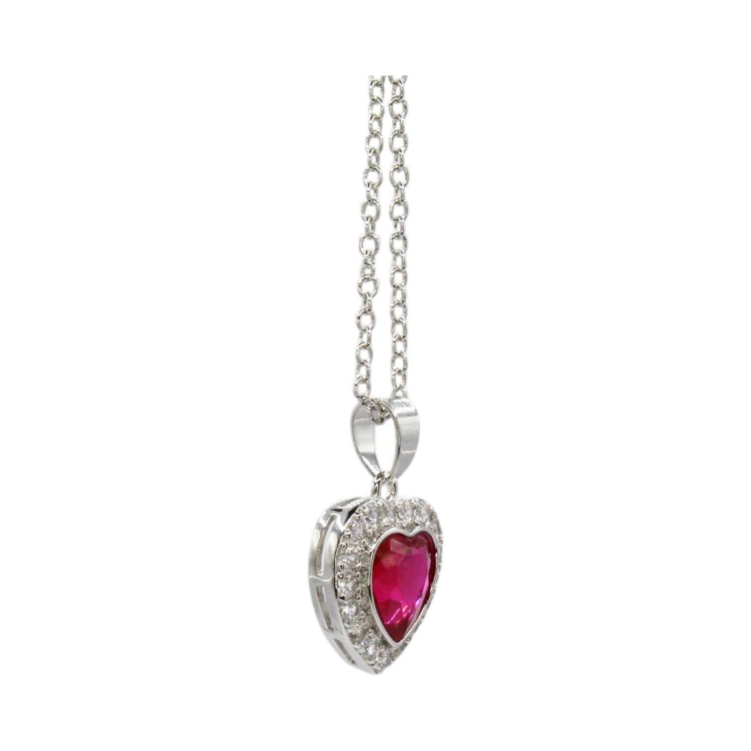 Ruby Red CZ Heart & Halo Necklace