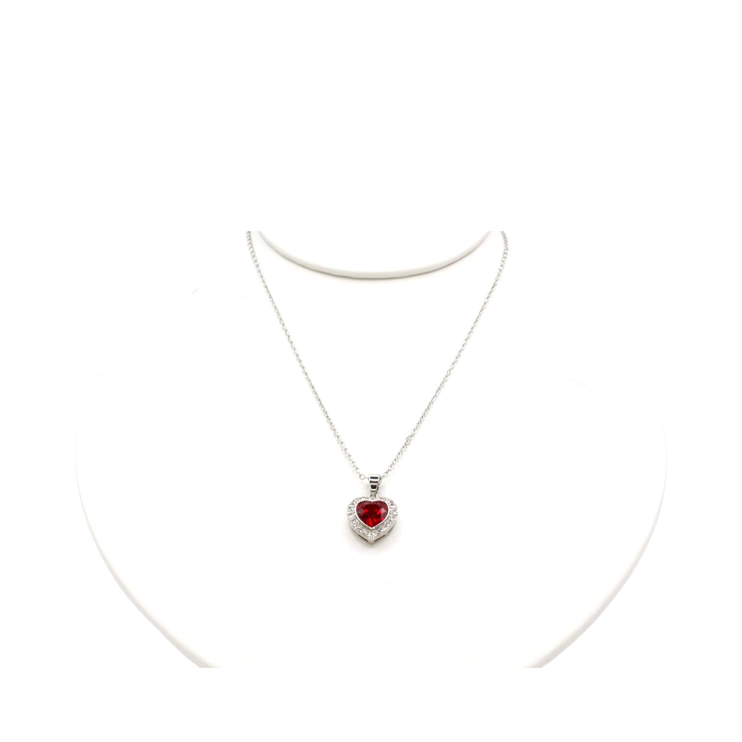 Ruby Red CZ Heart & Halo Necklace