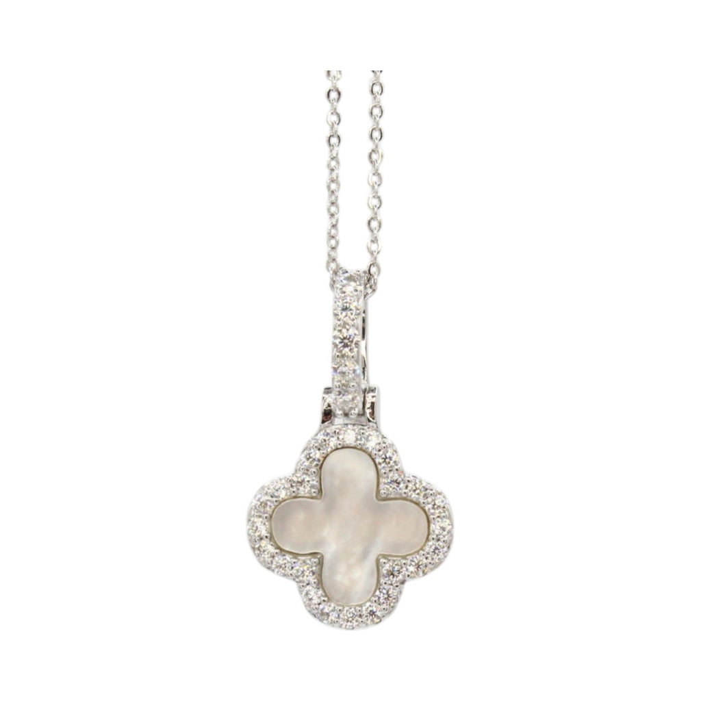 Moissanite Mother of Pearl Clover, Halo & Bale Necklace