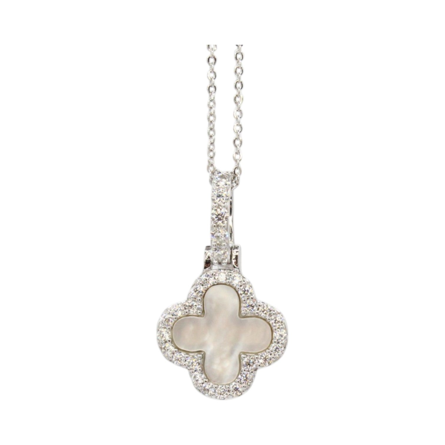 Moissanite Mother of Pearl Clover, Halo & Bale Necklace
