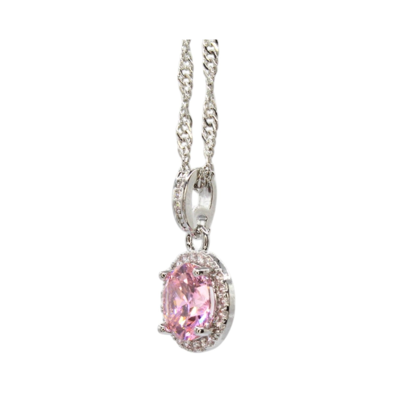 Pink Cubic Zirconia & Halo Necklace