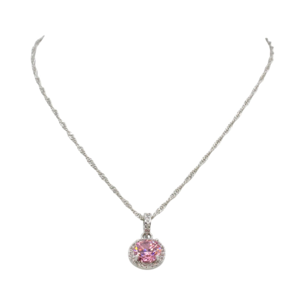 Pink Cubic Zirconia & Halo Necklace