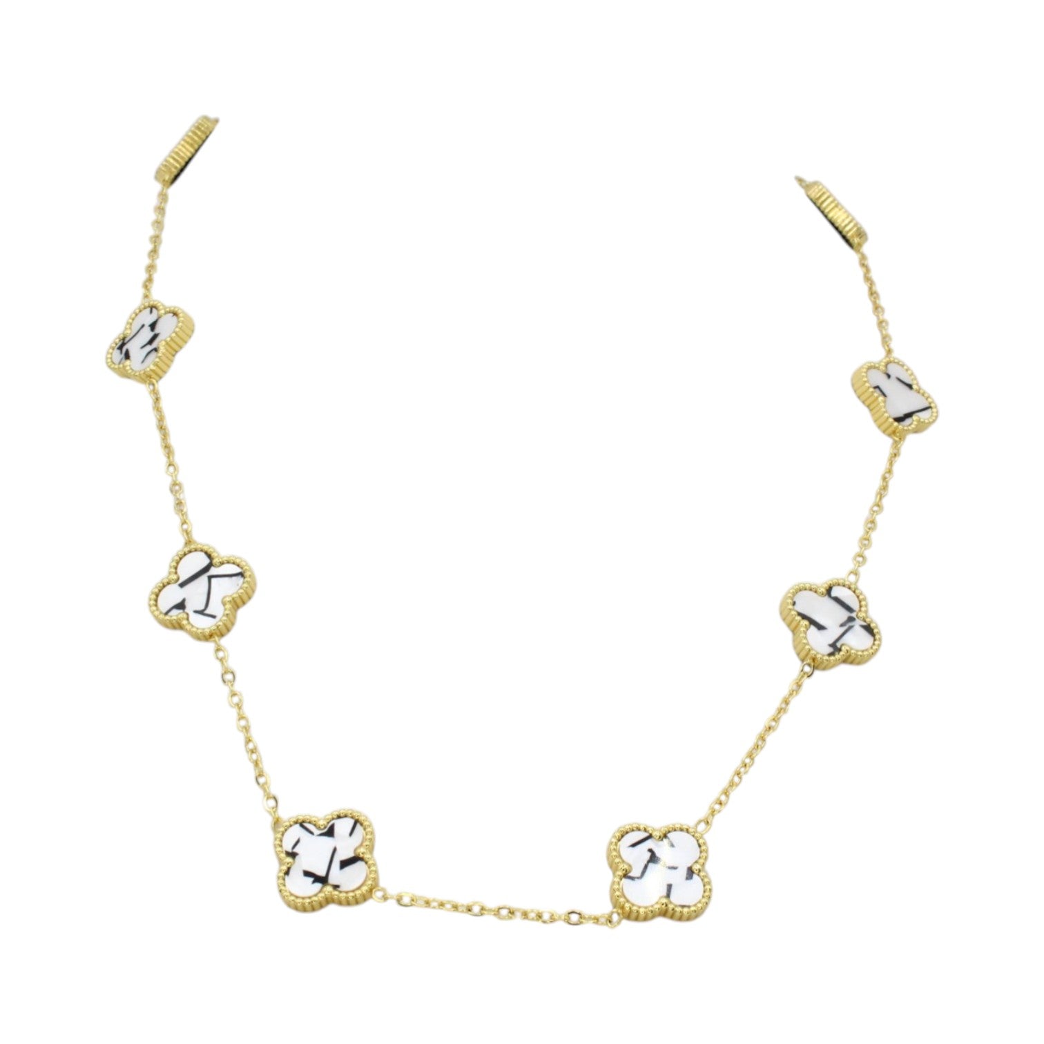 Black & White Marble/Mother of Pearl Clover Tennis Necklace