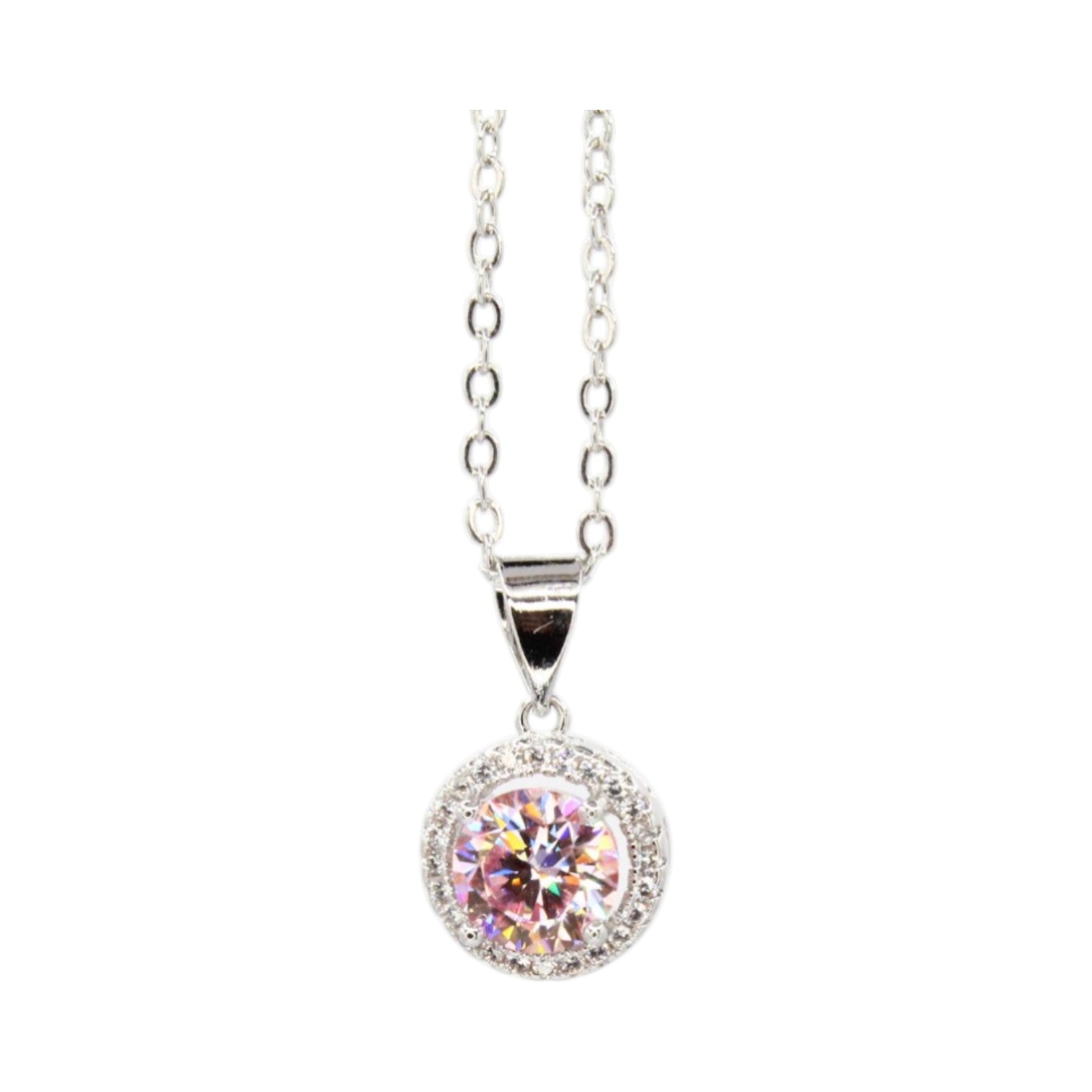 Moissanite Sakura Pink Solitaire w/Halo Necklace
