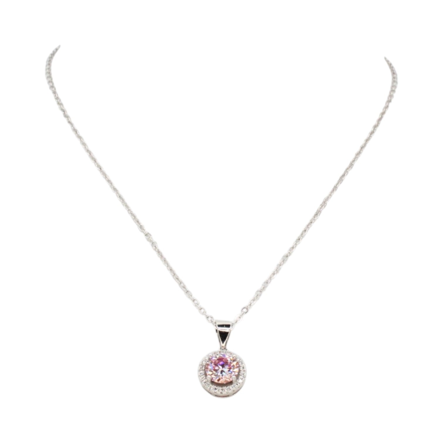 Moissanite Sakura Pink Solitaire w/Halo Necklace