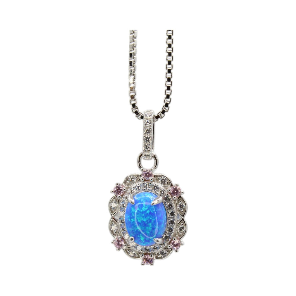 Genuine Blue Fire Opal & Moissanite Pave Halo Necklace
