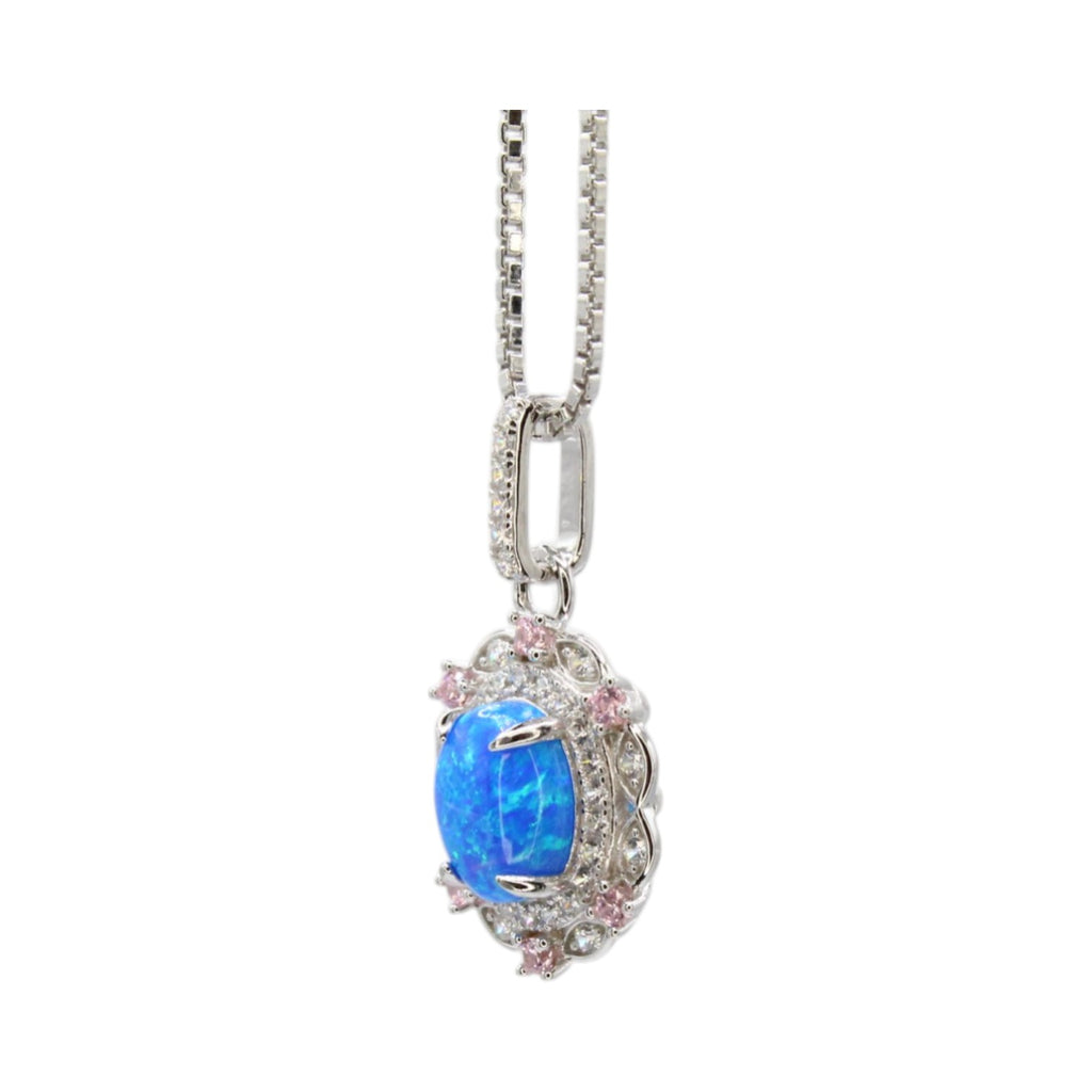 Genuine Blue Fire Opal & Moissanite Pave Halo Necklace