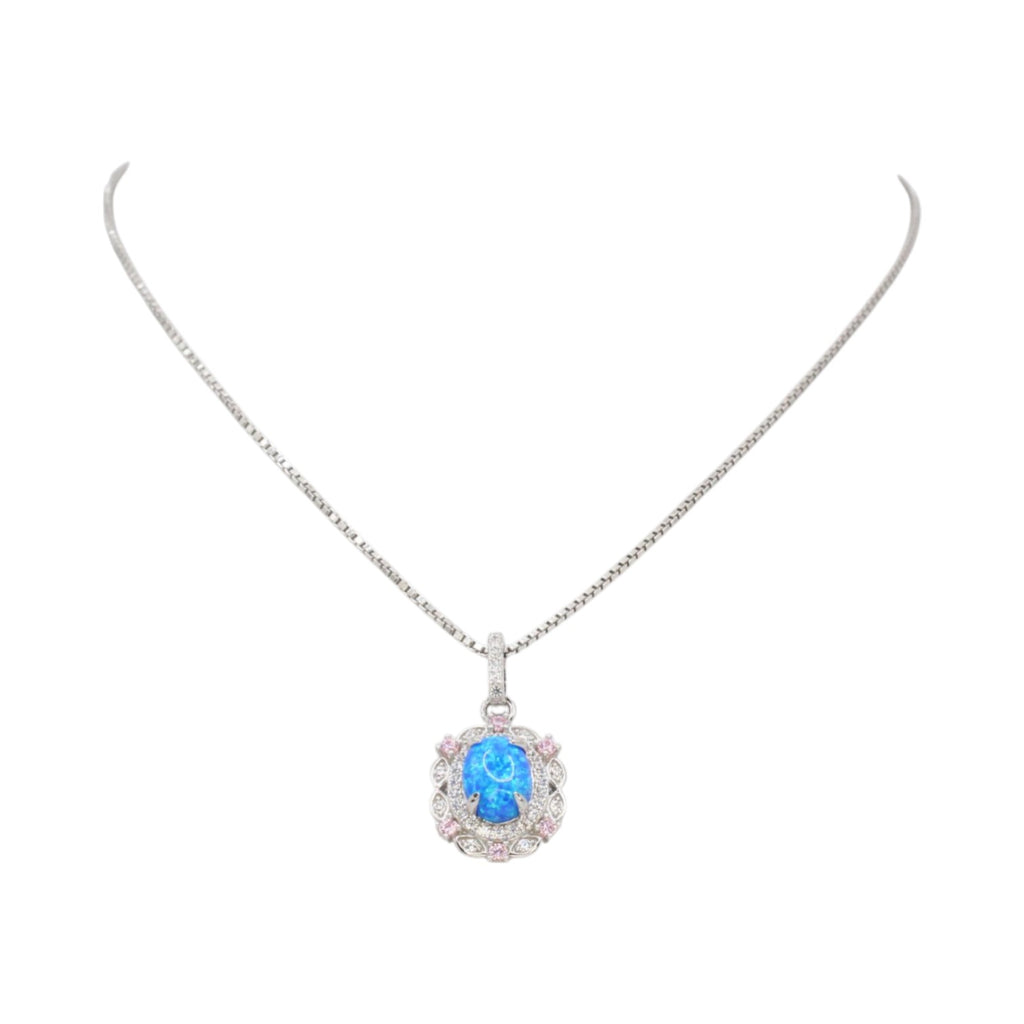 Genuine Blue Fire Opal & Moissanite Pave Halo Necklace