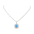 Genuine Blue Fire Opal & Moissanite Pave Halo Necklace