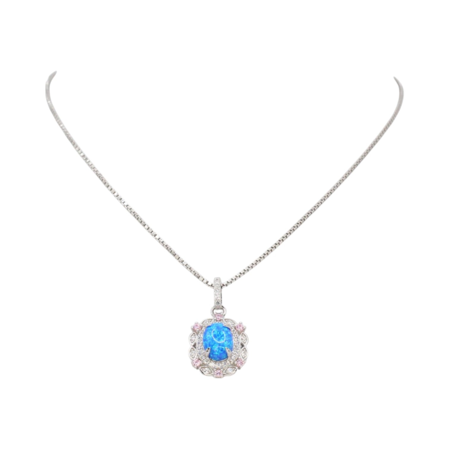 Genuine Blue Fire Opal & Moissanite Pave Halo Necklace