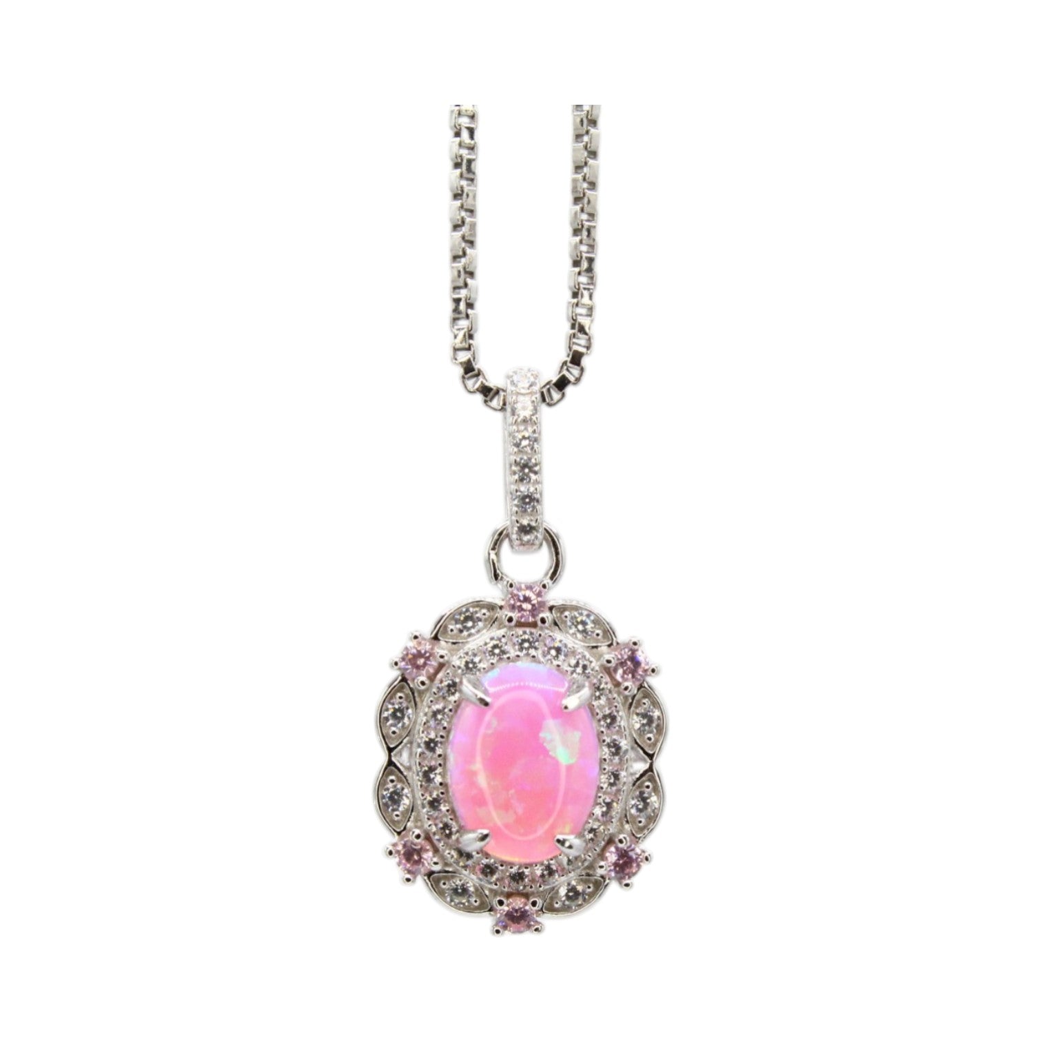 Genuine Pink Fire Opal & Moissanite Pave Halo Necklace