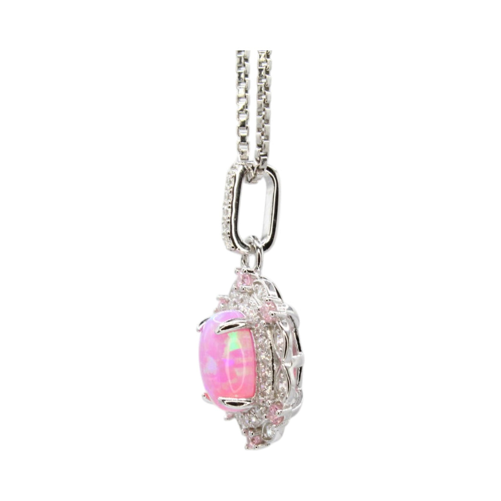 Genuine Pink Fire Opal & Moissanite Pave Halo Necklace