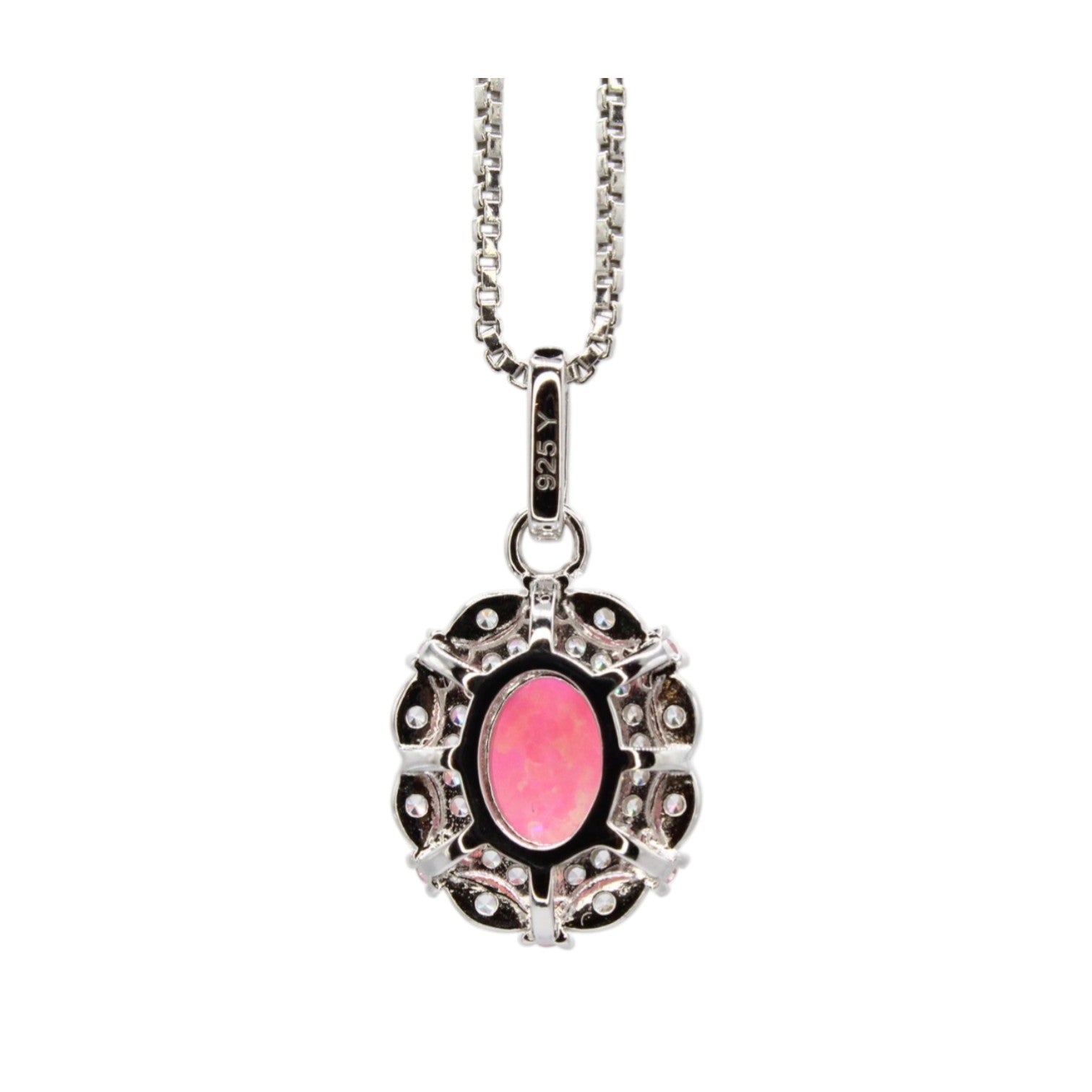 Genuine Pink Fire Opal & Moissanite Pave Halo Necklace