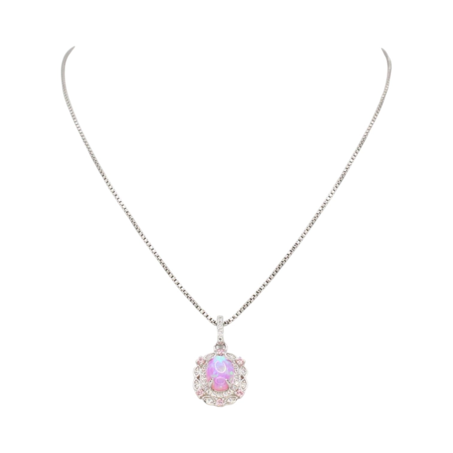 Genuine Pink Fire Opal & Moissanite Pave Halo Necklace