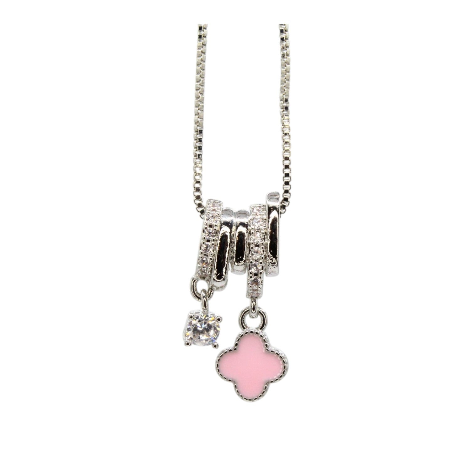 Pink Enamel Clover & CZ Solitaire Dual Charm Necklace